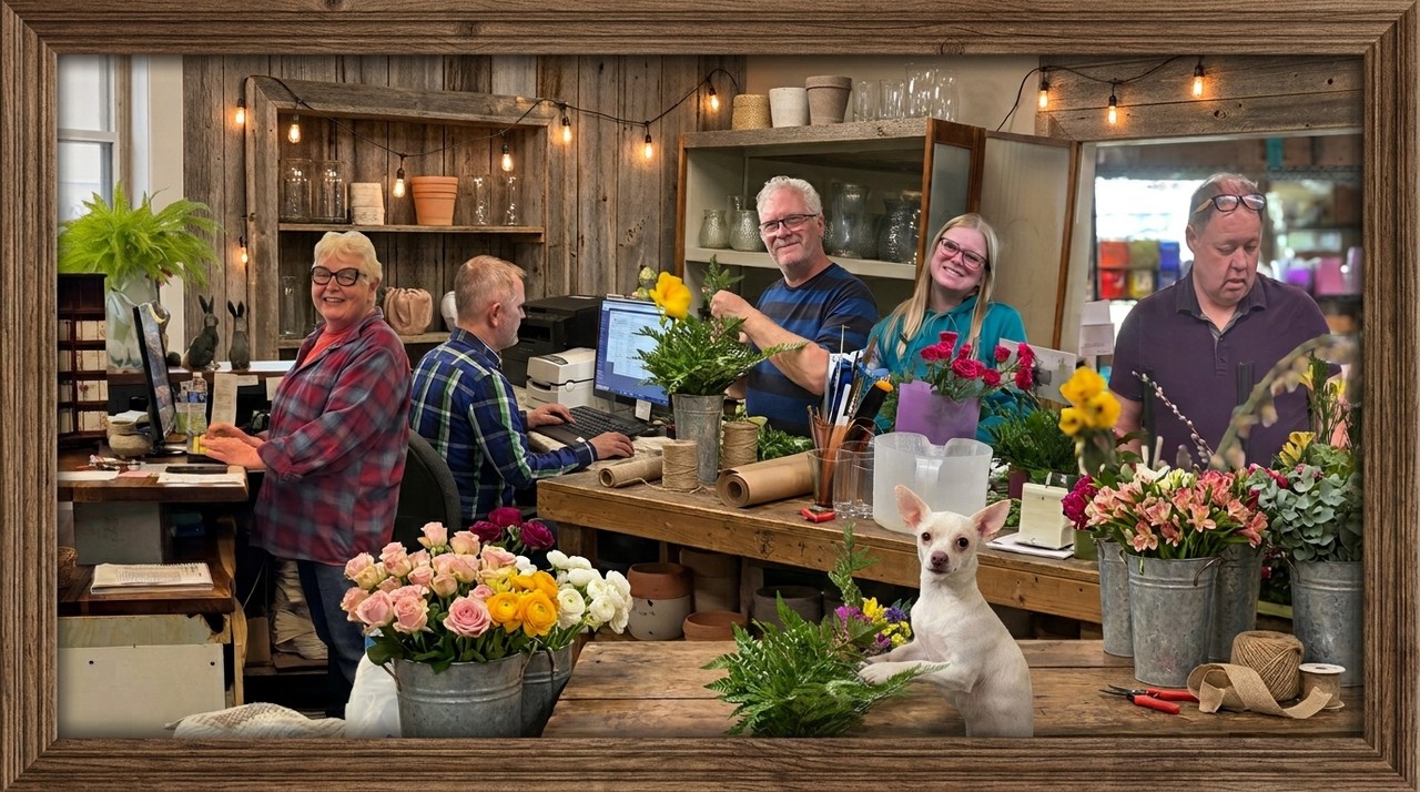 The Greenville Floral team at work inside the shop on 221 S. Lafayette Street in Greenville, Michigan, with Rose the shop dog