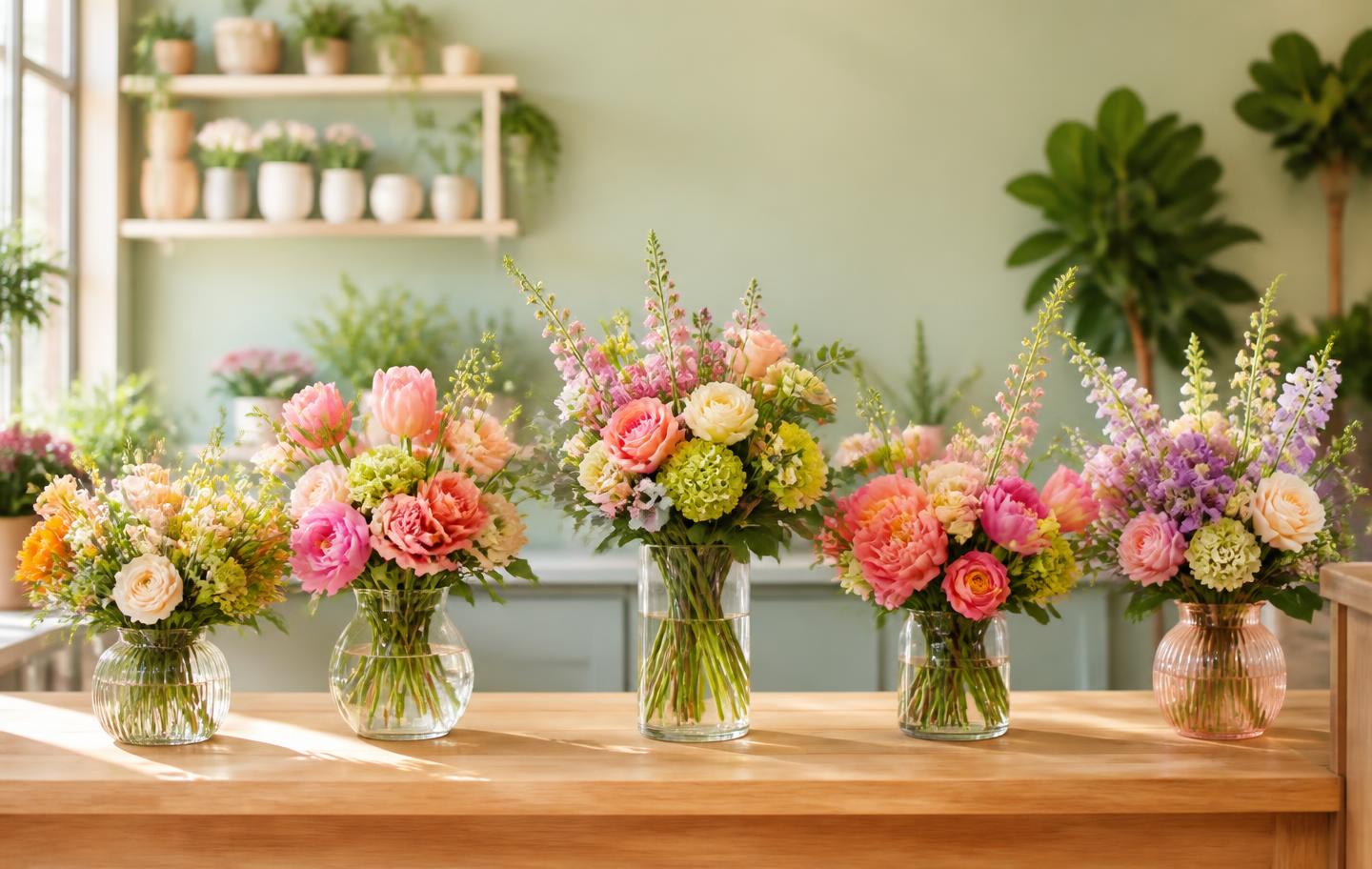 Arrangements and giftware on the bench at Greenville Floral, ready to go out for delivery