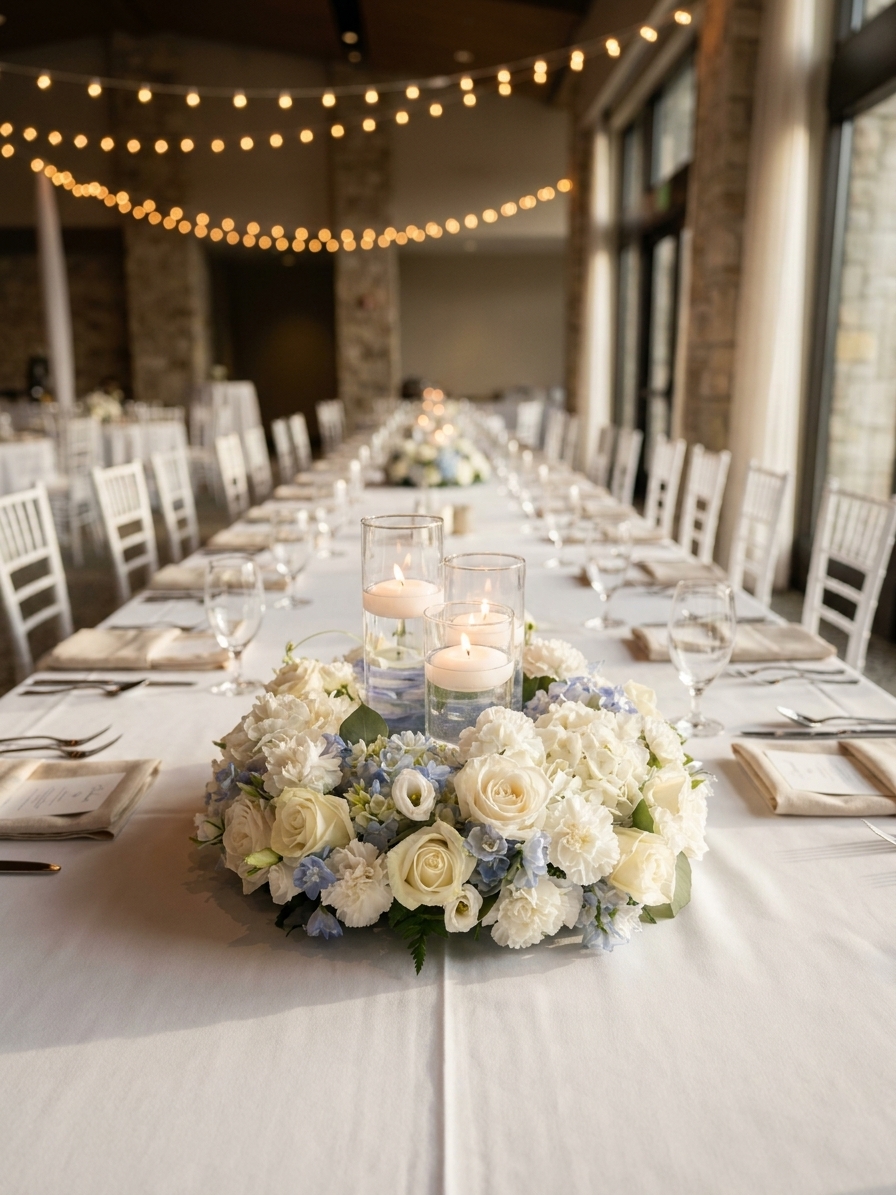 Long banquet table with a low white and blue centrepiece of roses, carnations and hydrangea around floating candles, under string lights