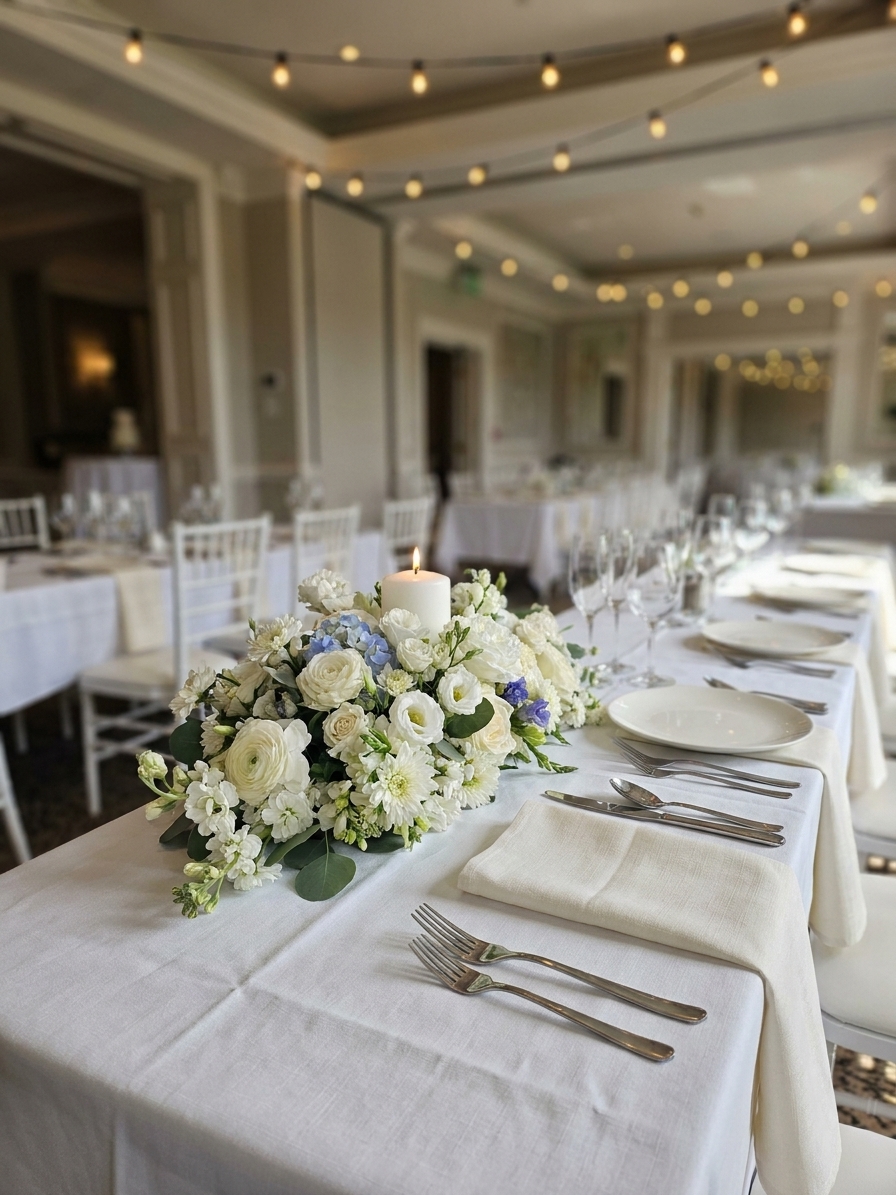 Head table dressed in white linen with a low white rose, ranunculus and blue hydrangea centrepiece around a pillar candle