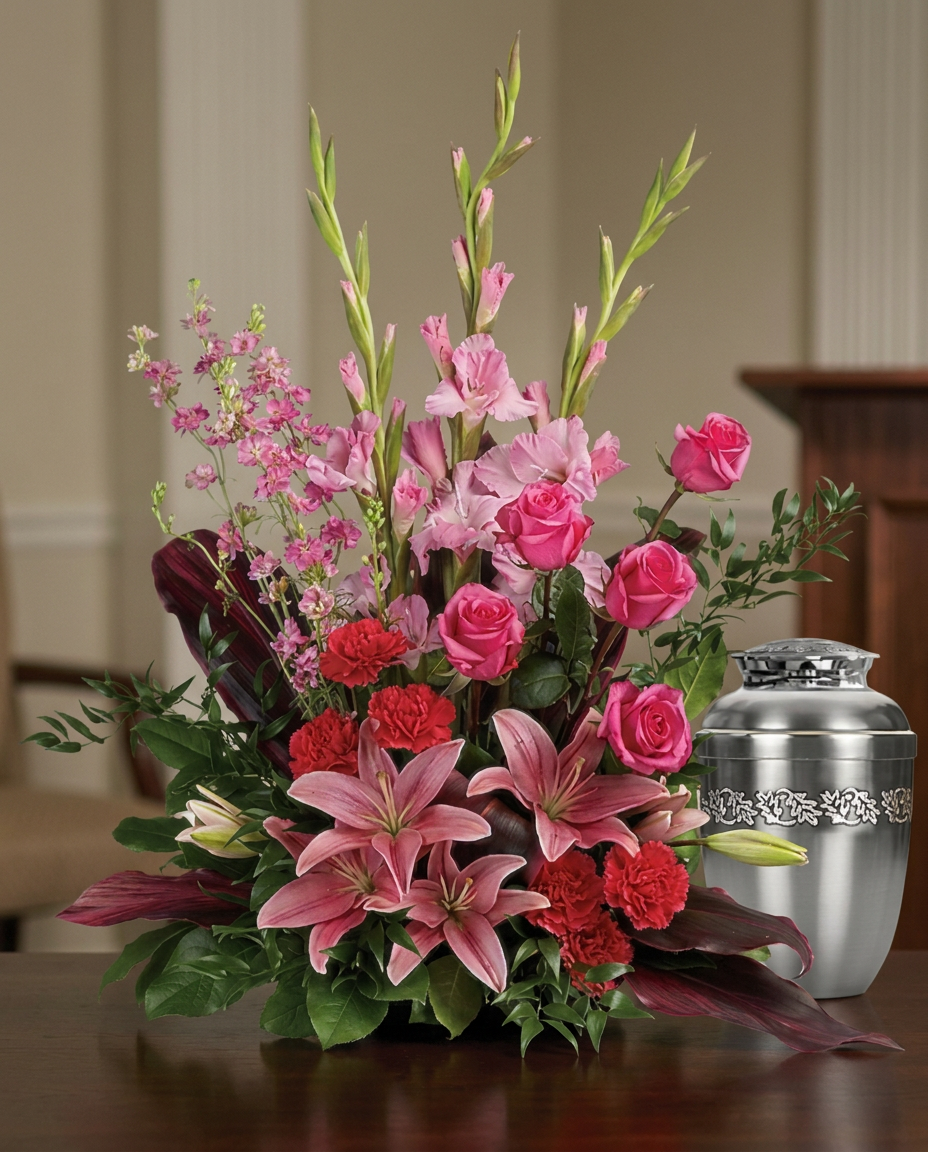 One-sided memorial arrangement with pink roses, lilies, gladioli, carnations, larkspur, red ti leaves and greenery.