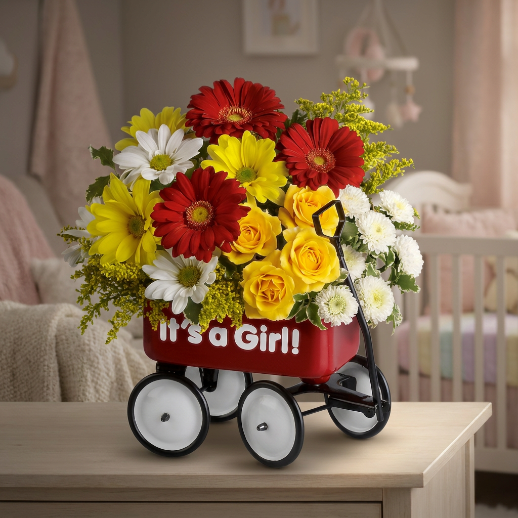 Yellow roses, red gerberas, asters, daisies, button chrysanthemums and solidago arranged in a keepsake wagon.