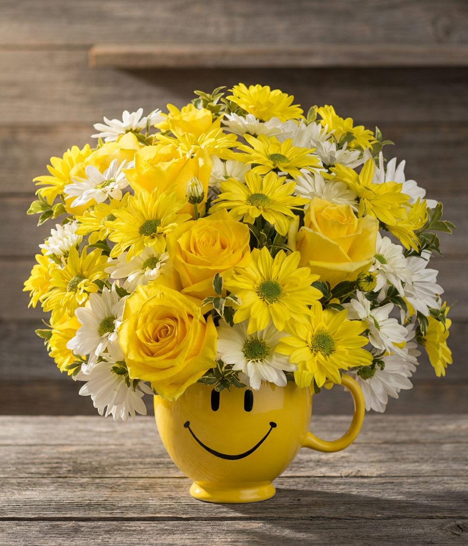 Yellow roses and daisies with white daisies arranged in a yellow ceramic smiley-face mug.