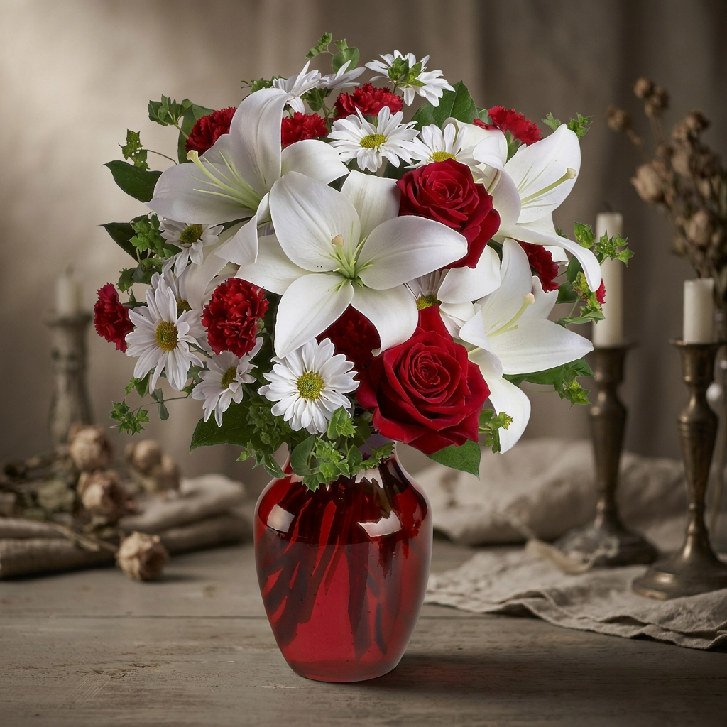 Red roses and carnations with white Asiatic lilies and chrysanthemums in a ruby red glass vase.