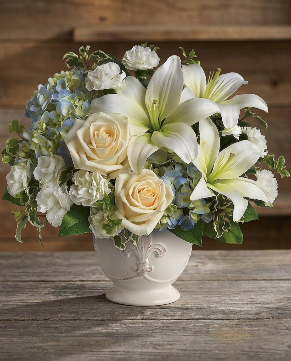 Light blue hydrangea, crème roses, white lilies, and miniature carnations arranged in a white French Country pot.