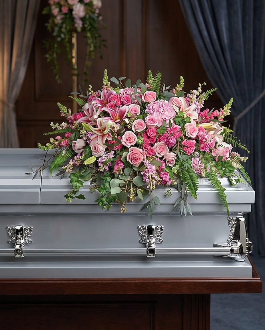 Pink casket spray with hydrangea, roses, stargazer lilies, carnations, and flowing greenery.