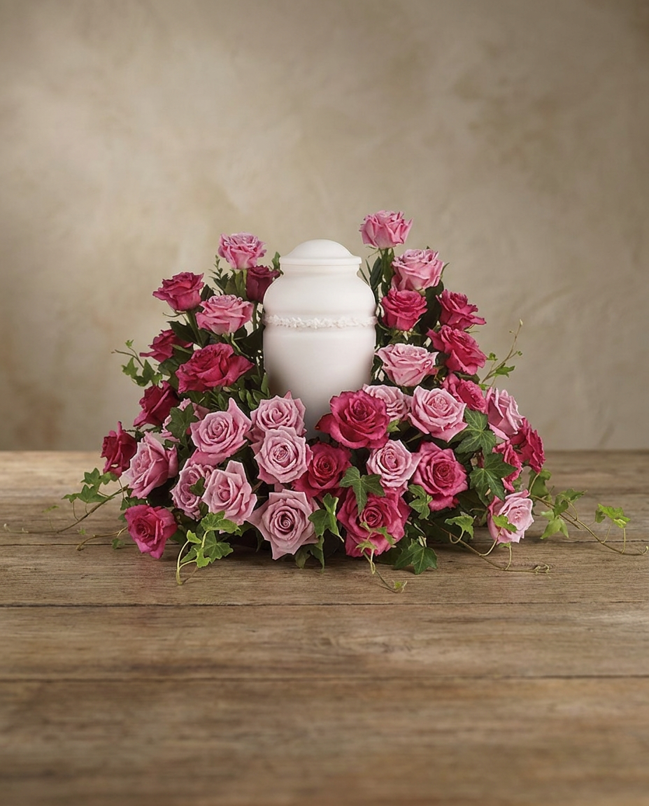 Pink roses arranged with ivy and soft greenery around a cremation urn.
