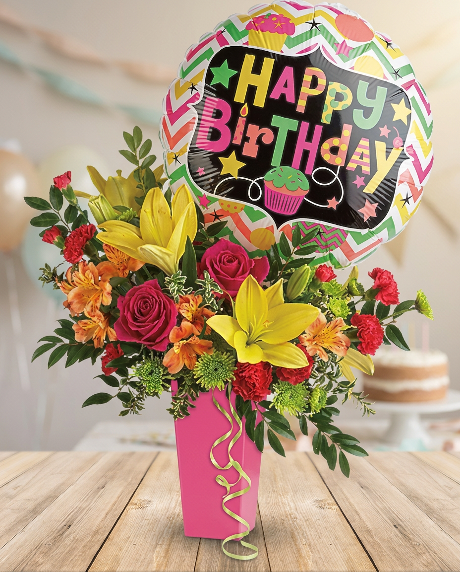 Colorful birthday bouquet with pink roses, yellow lilies, orange blooms, and a Happy Birthday balloon in a raspberry vase.