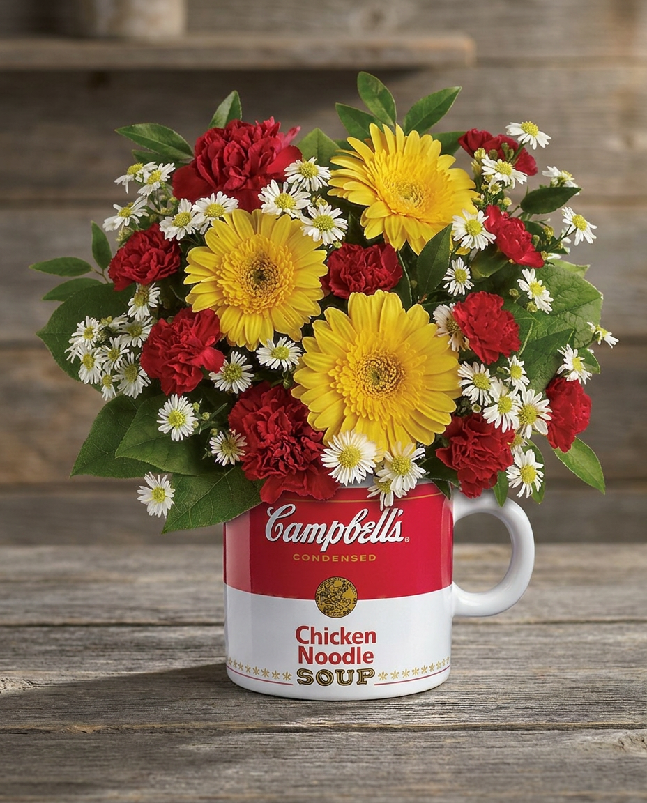 Yellow gerbera daisies, red carnations, white asters, and greenery arranged in a Campbell's Get Well mug.