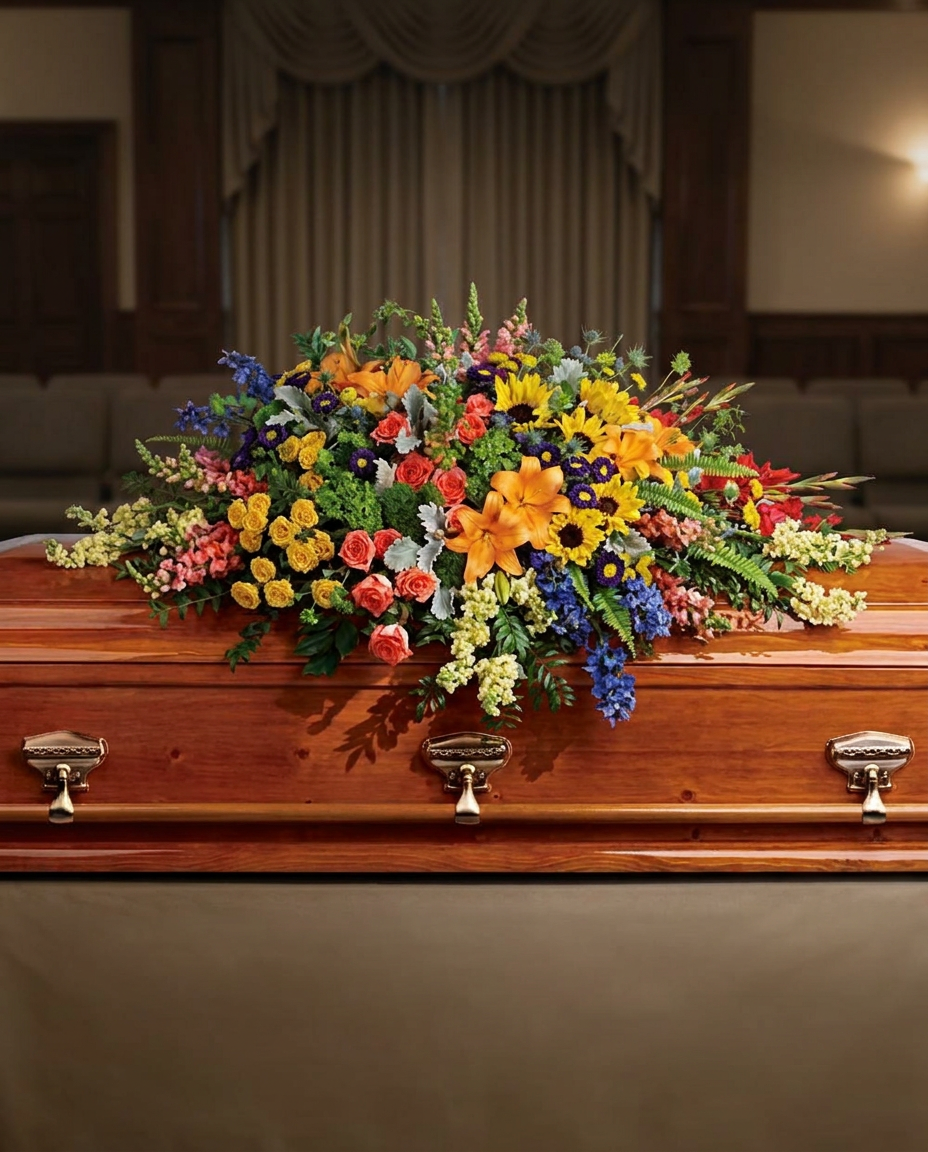 Colorful casket spray with yellow sunflowers, orange roses and lilies, blue delphinium, purple asters and greenery.
