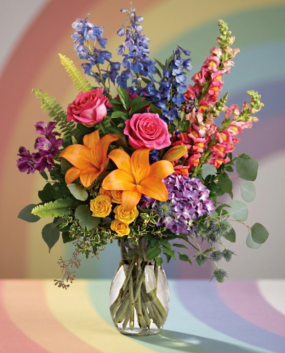A colorful bouquet of fresh flowers in bright rainbow hues.