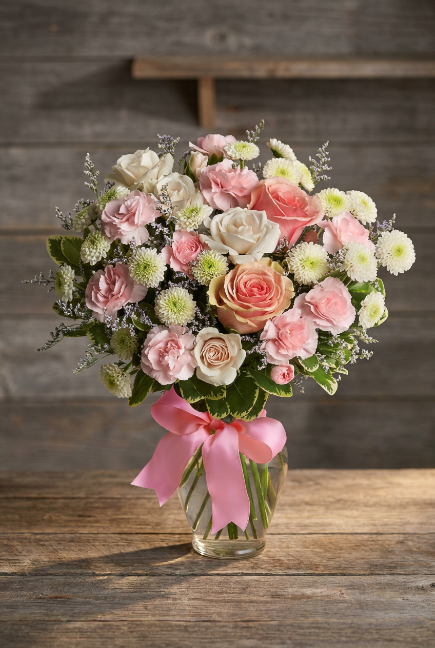 Pink roses and carnations with white chrysanthemums, lavender limonium and greenery in a glass vase with pink ribbon.