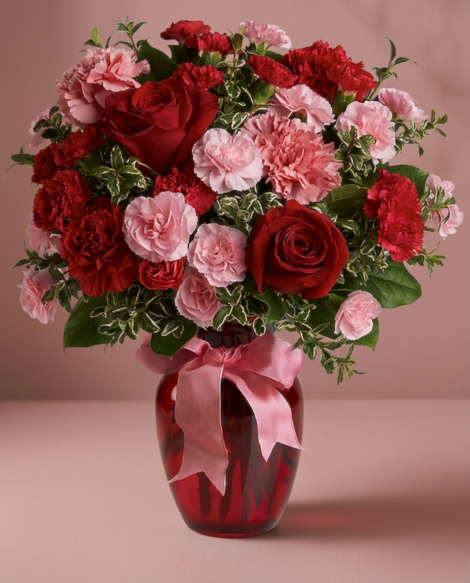 Red roses and companion blooms arranged in a sparkling glass vase.