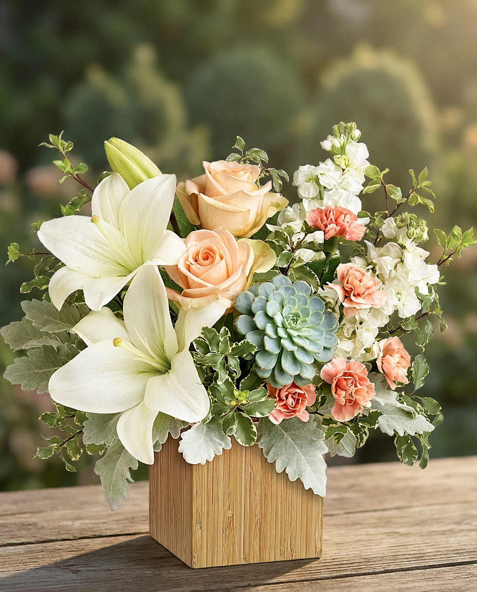 Desert Sunrise Bouquet on a rustic wood background