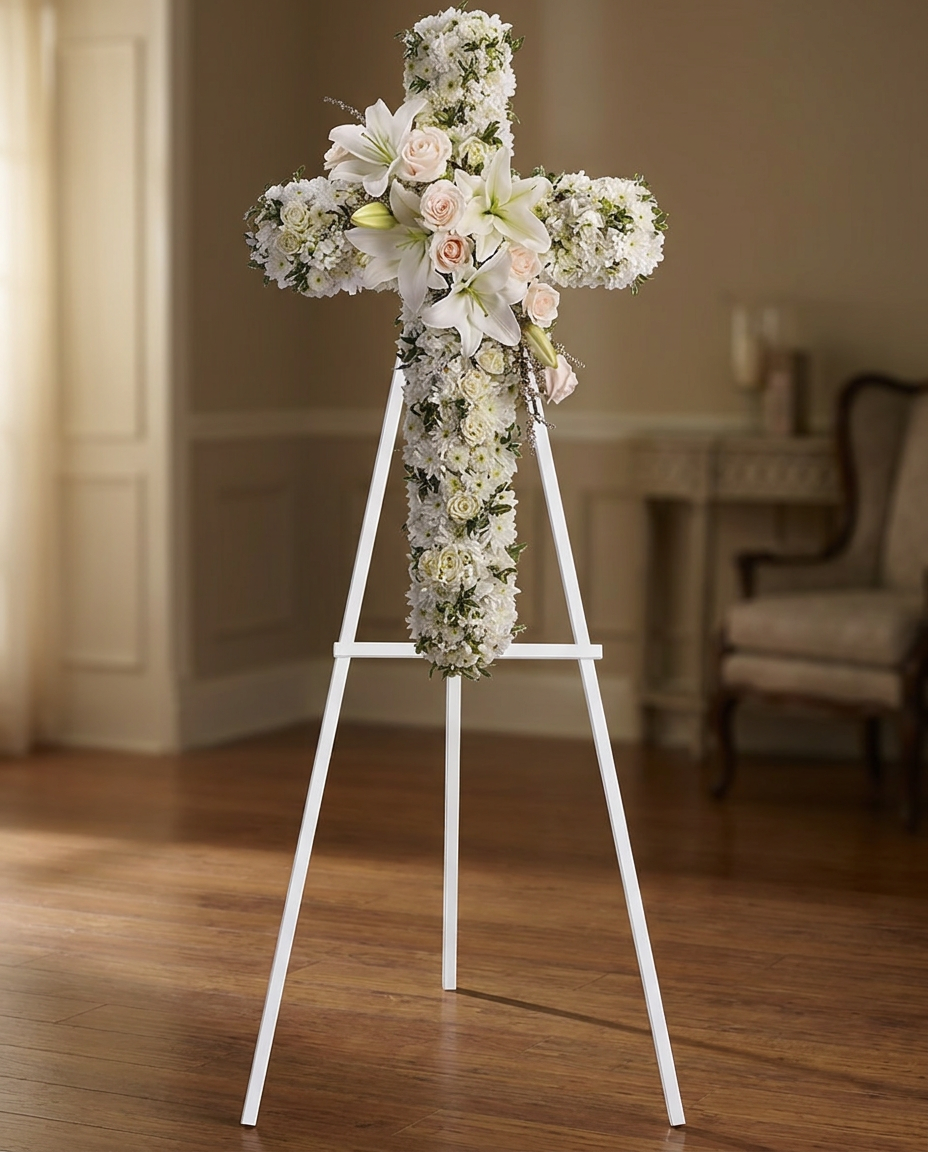 One-sided floral cross with cream roses, white spray roses, oriental lilies, stock, leptosporum, and chrysanthemums.