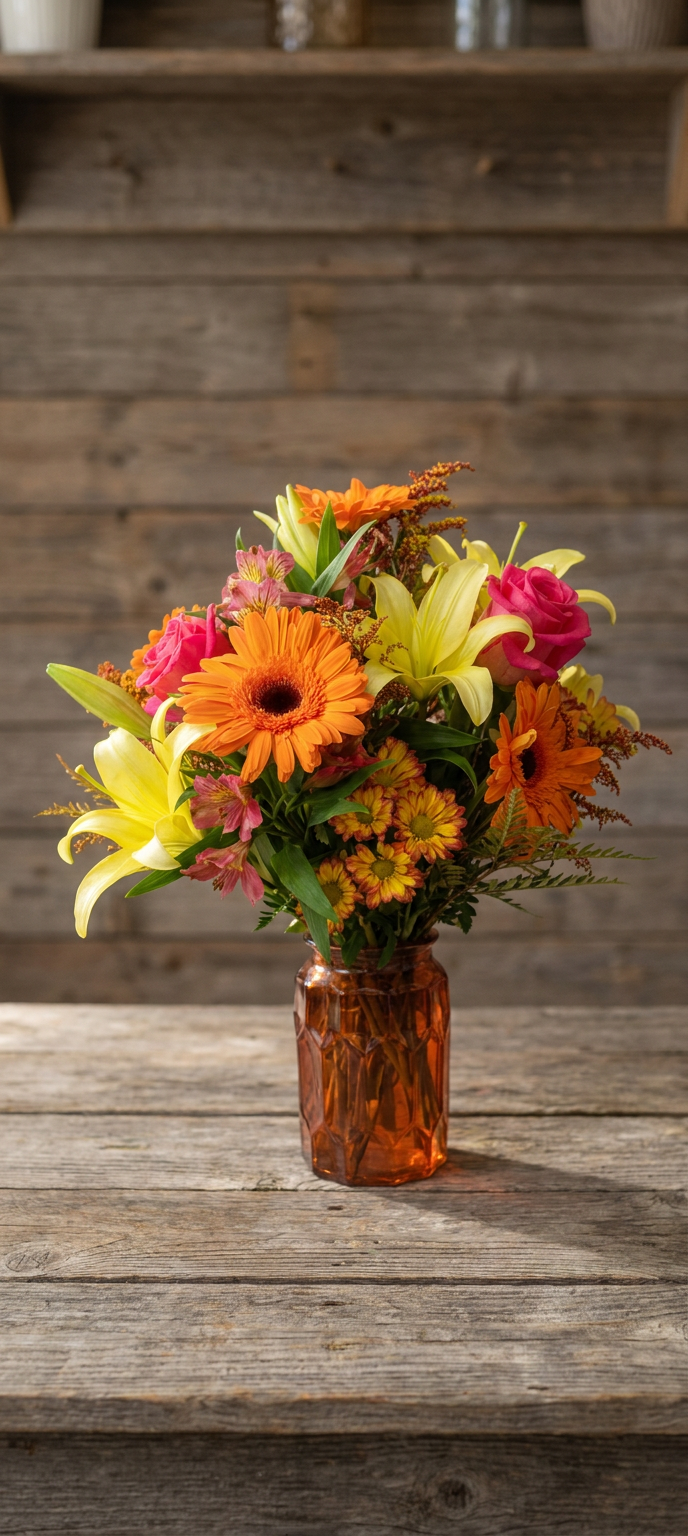 A full, colorful floral arrangement of orange, yellow, and pink blooms in an amber glass vase.