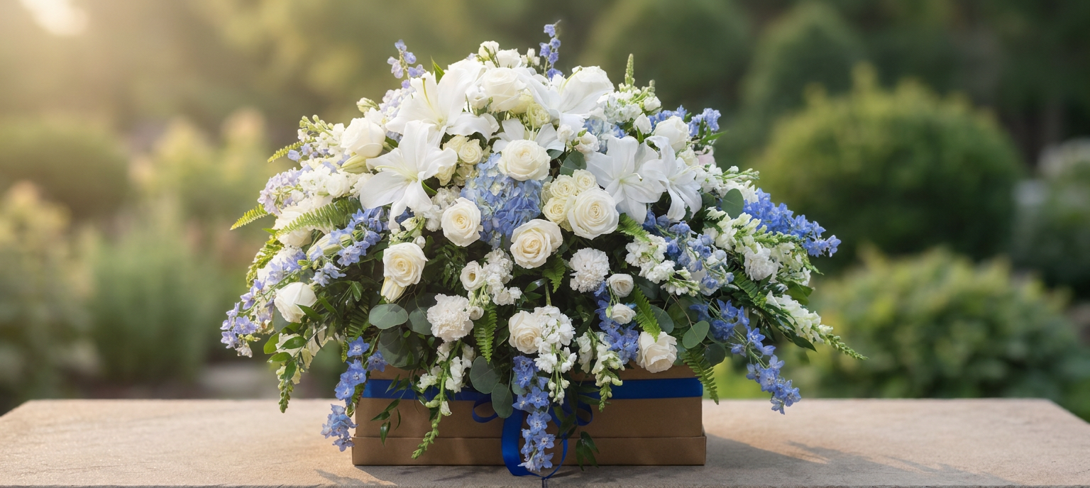A large, overflowing arrangement of white and soft blue flowers with greenery in a brown ribbon-wrapped base.