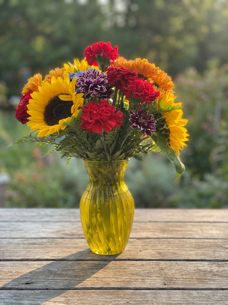 Full autumn bouquet of yellow sunflowers, red carnations, and purple blooms in a yellow fluted glass vase.