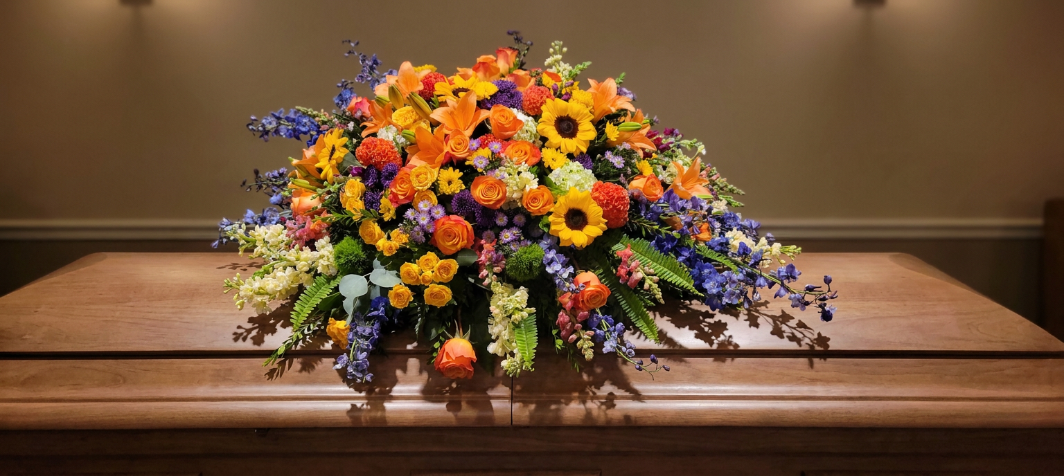 A large, full floral casket spray with bright orange, yellow, and blue flowers resting on wood.