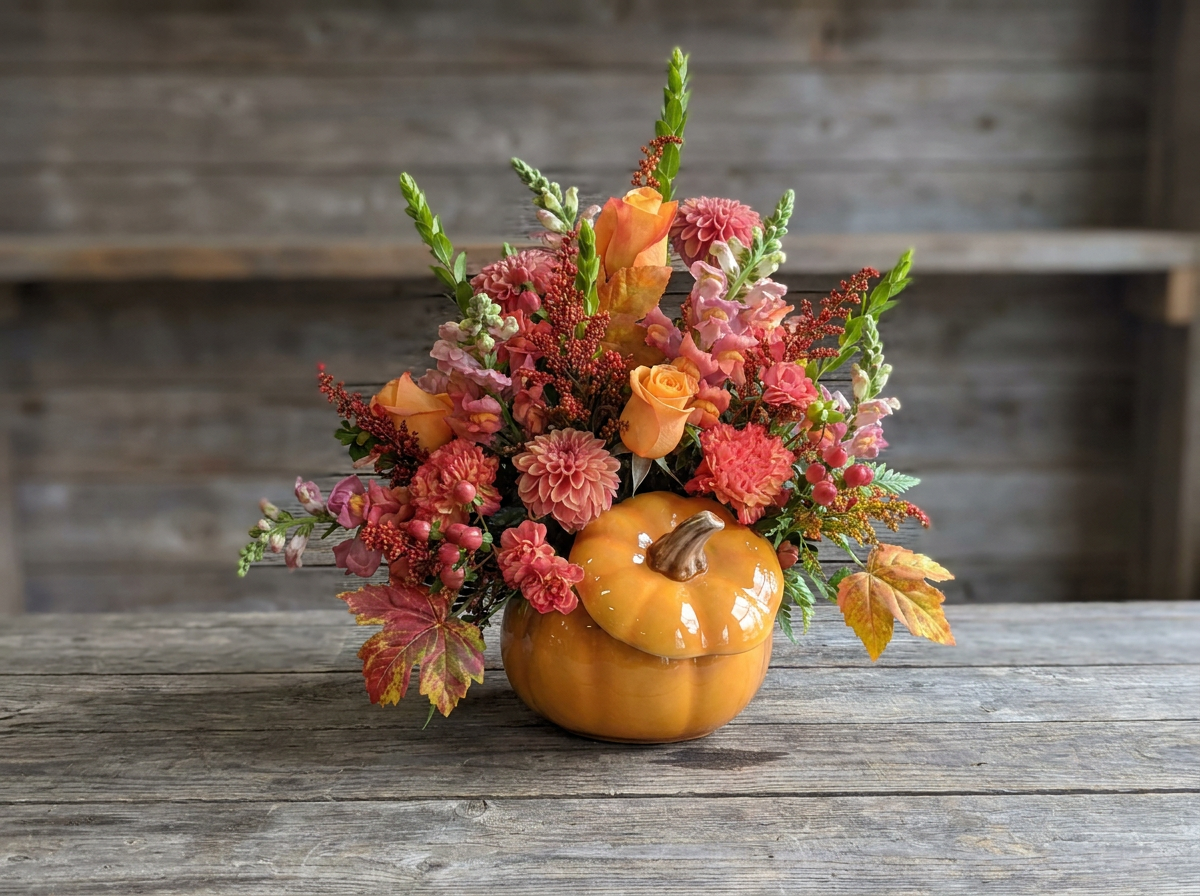 A full autumn flower arrangement in vibrant orange and pink tones set in a ceramic pumpkin container.
