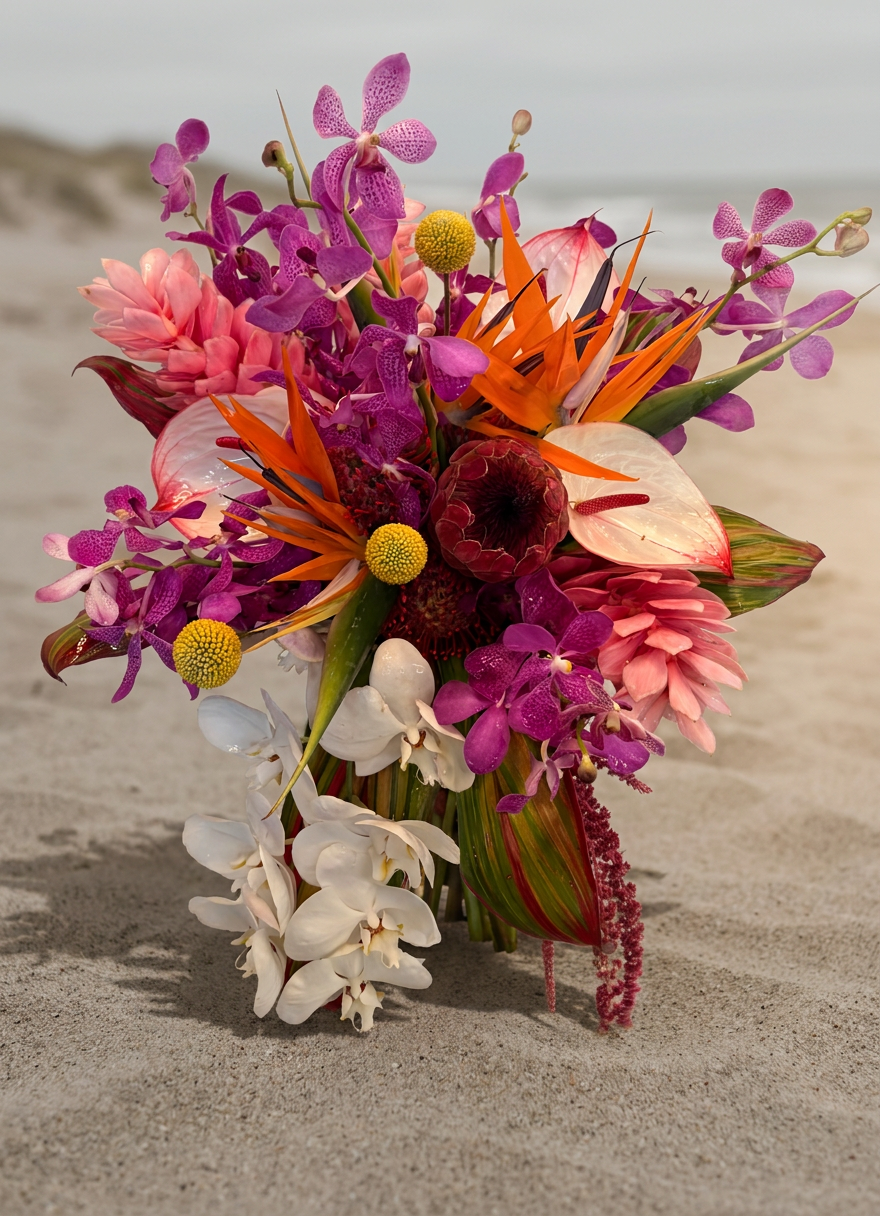 A full, vibrant bouquet of purple, orange, pink, and cascading white tropical flowers with exposed hand-tied stems.