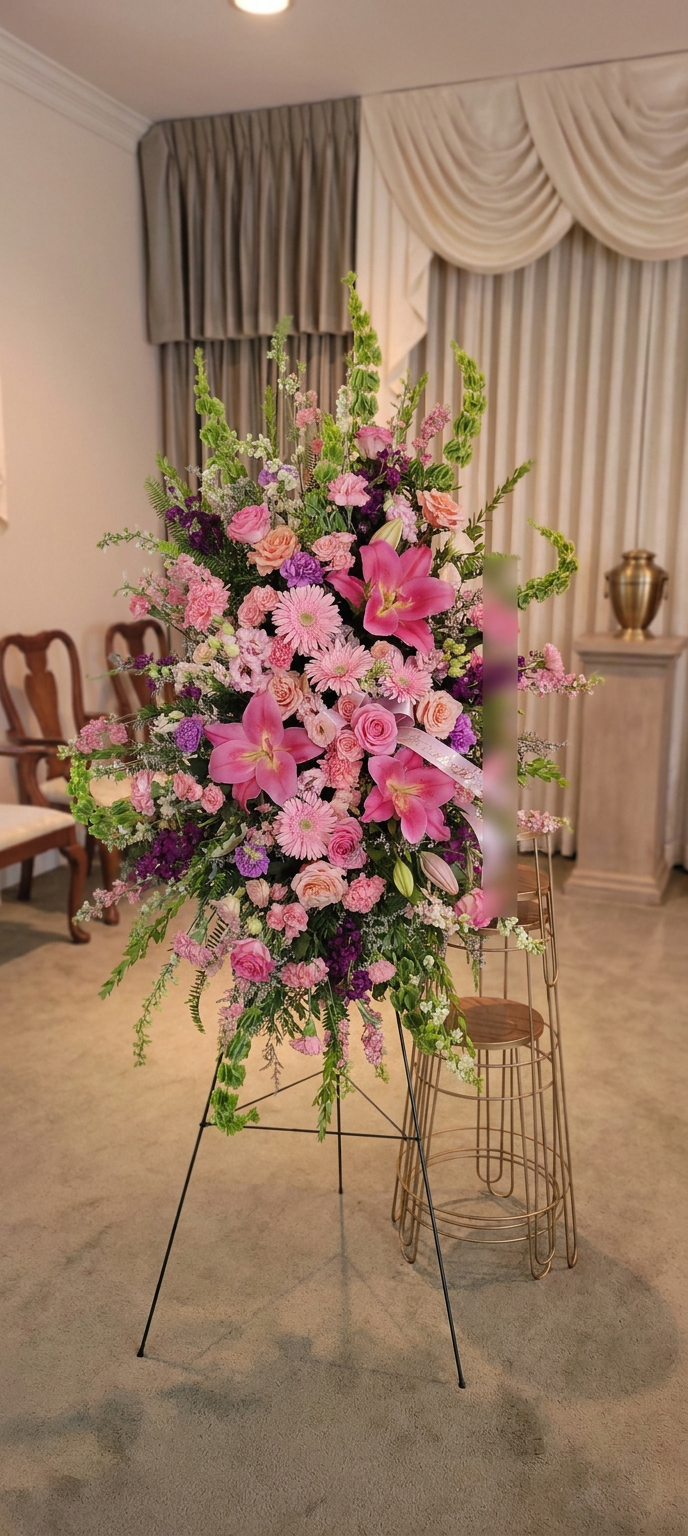 A large standing floral spray with soft pink, peach, and purple flowers arranged on a metal tripod easel.