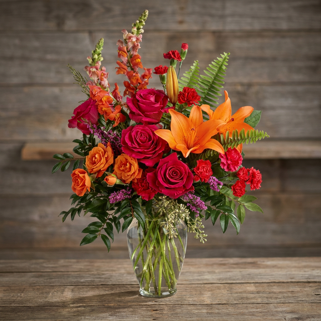 Full, upright arrangement of vibrant pink roses, bright orange lilies, and greenery in a clear glass vase.