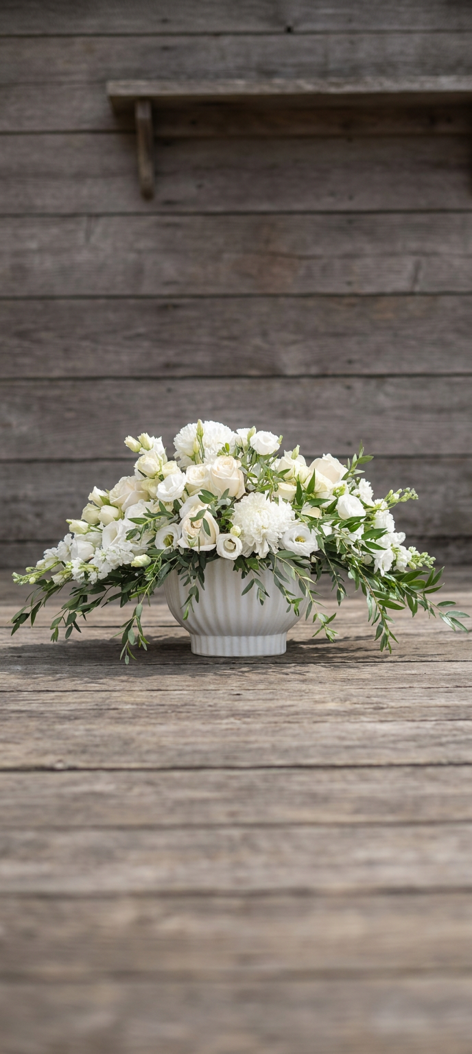 A full, low-spreading arrangement of white and cream blooms with greenery in a fluted white ceramic bowl.