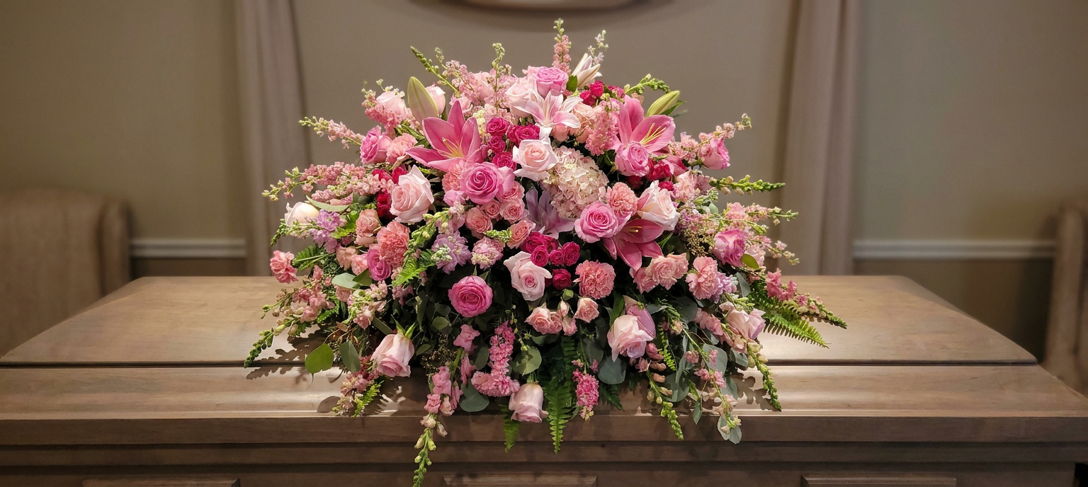 A large, full pink and blush floral casket spray with green foliage resting on a wooden casket.
