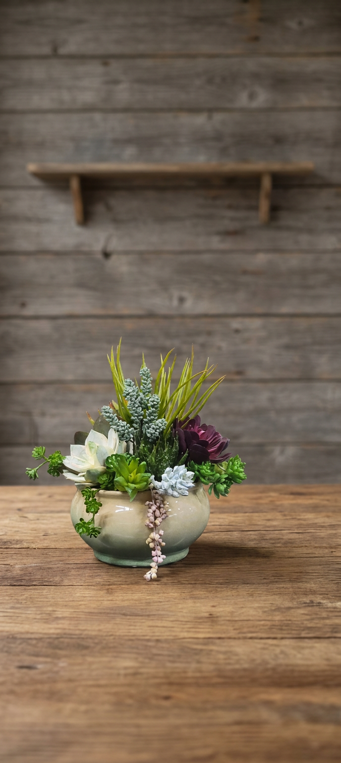 A small glazed ceramic bowl filled with a dense mix of green, pale frosted, and purple succulents.