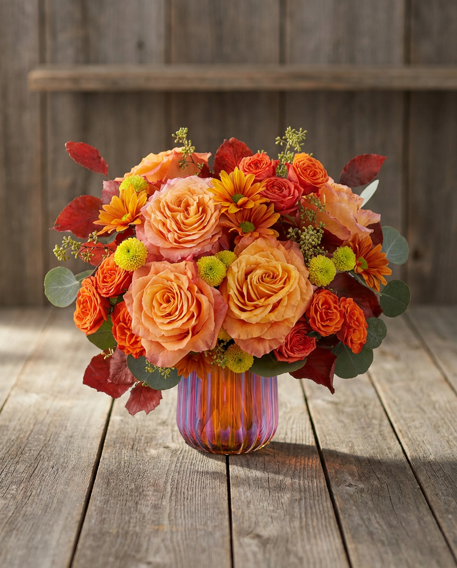 A full, rounded arrangement of orange and peach roses, daisies, and autumn foliage in an iridescent glass vase.