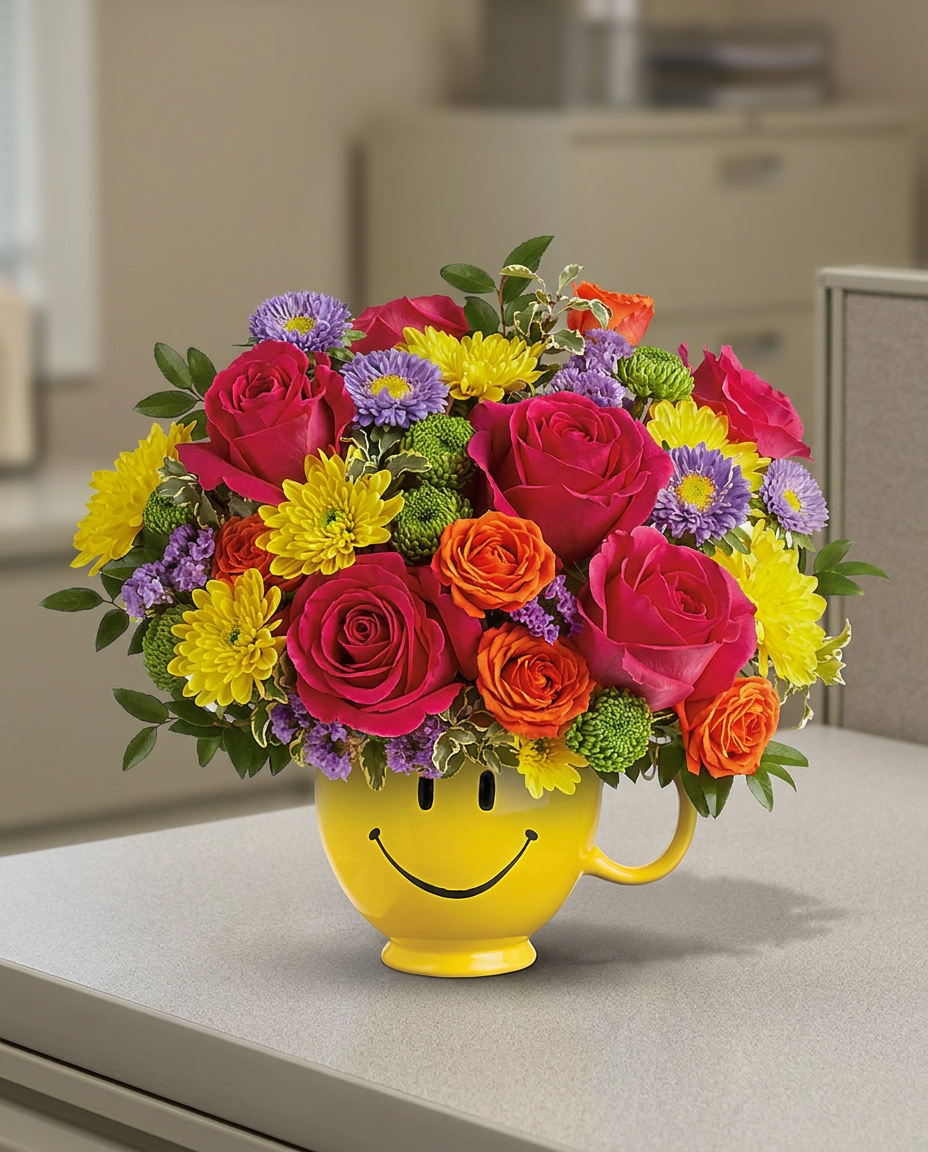A rounded, vibrant arrangement of pink, orange, yellow, and purple flowers in a yellow smiley-face mug.
