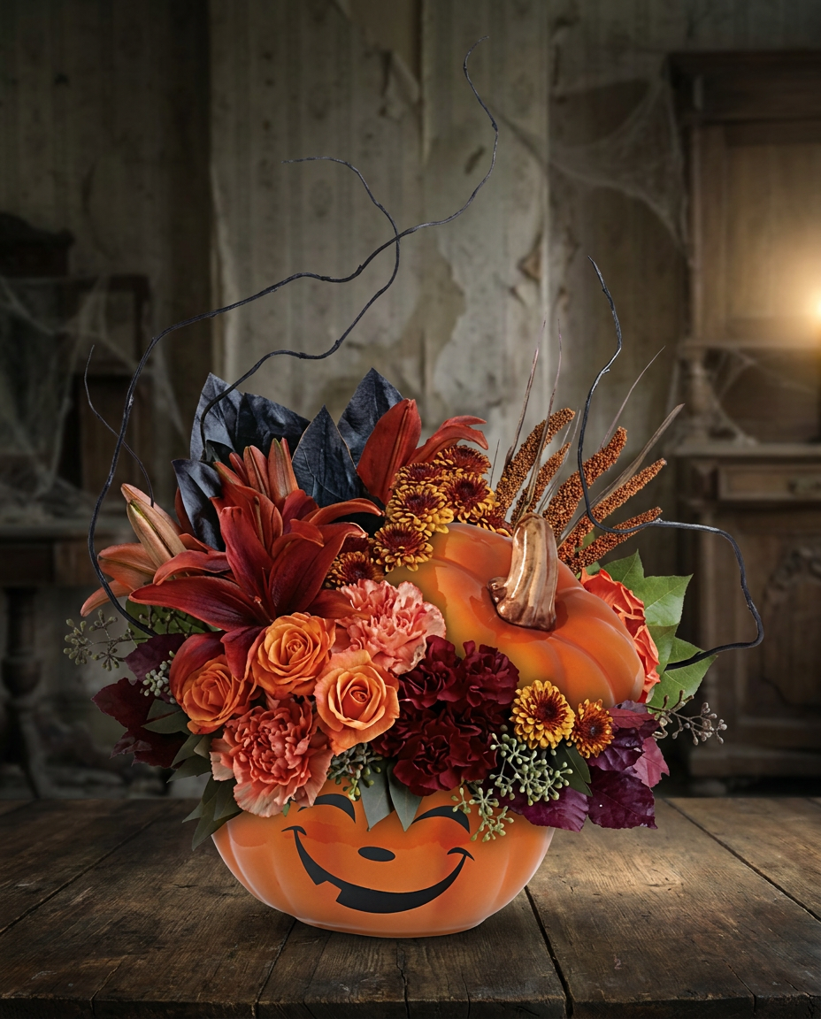 Orange, rust, and deep burgundy flowers arranged inside a smiling ceramic pumpkin bowl with curly twigs.