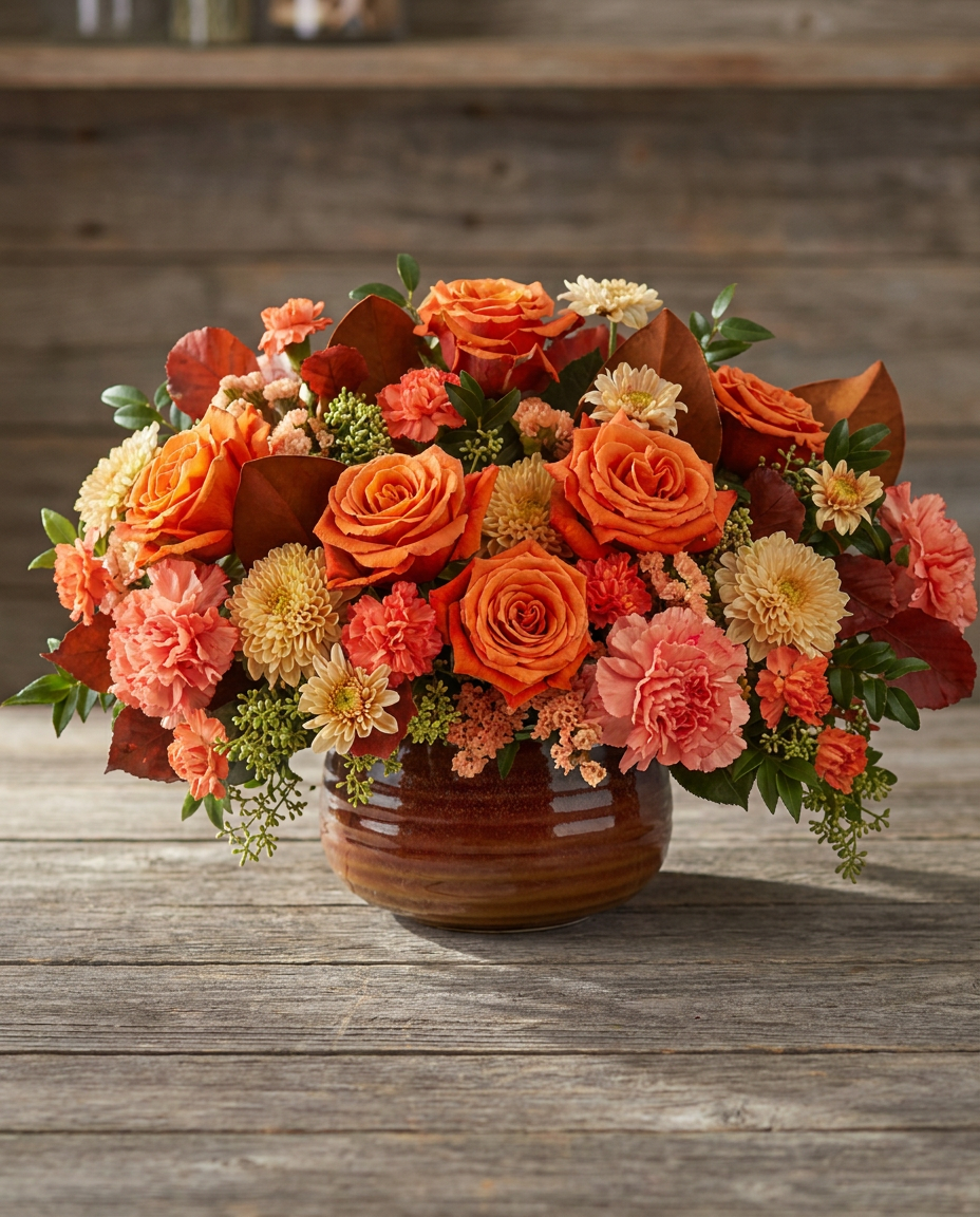 A full, low arrangement of orange and peach blooms with foliage in a brown ceramic bowl.