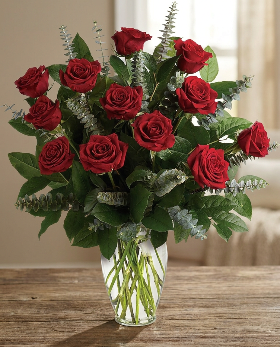 A dozen red roses with fresh greenery arranged in a classic keepsake vase.