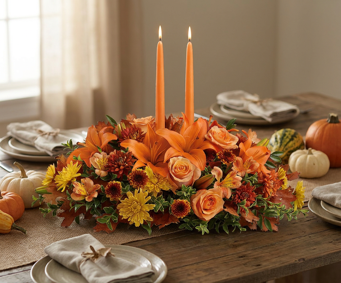 Seasonal flowers arranged in a decorative container as a table centerpiece.