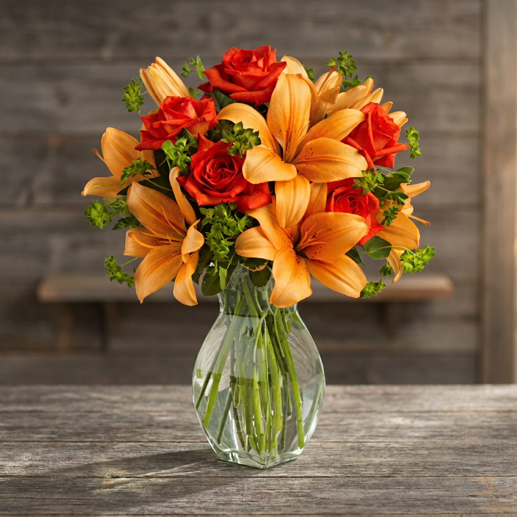 A vibrant floral arrangement featuring lilies and roses in fiery shades.