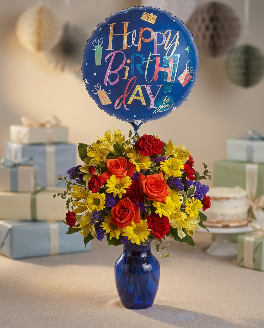 Orange, yellow, red, and purple flowers in a cobalt blue vase with a birthday balloon.