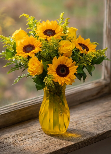 A full arrangement of bright yellow sunflowers and roses with greenery in a translucent yellow glass vase.