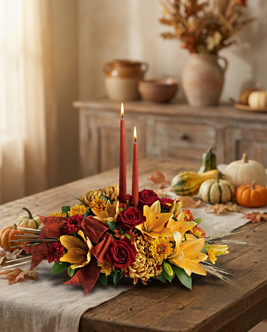 Seasonal flowers arranged in a stylish vase as a dining table centerpiece.