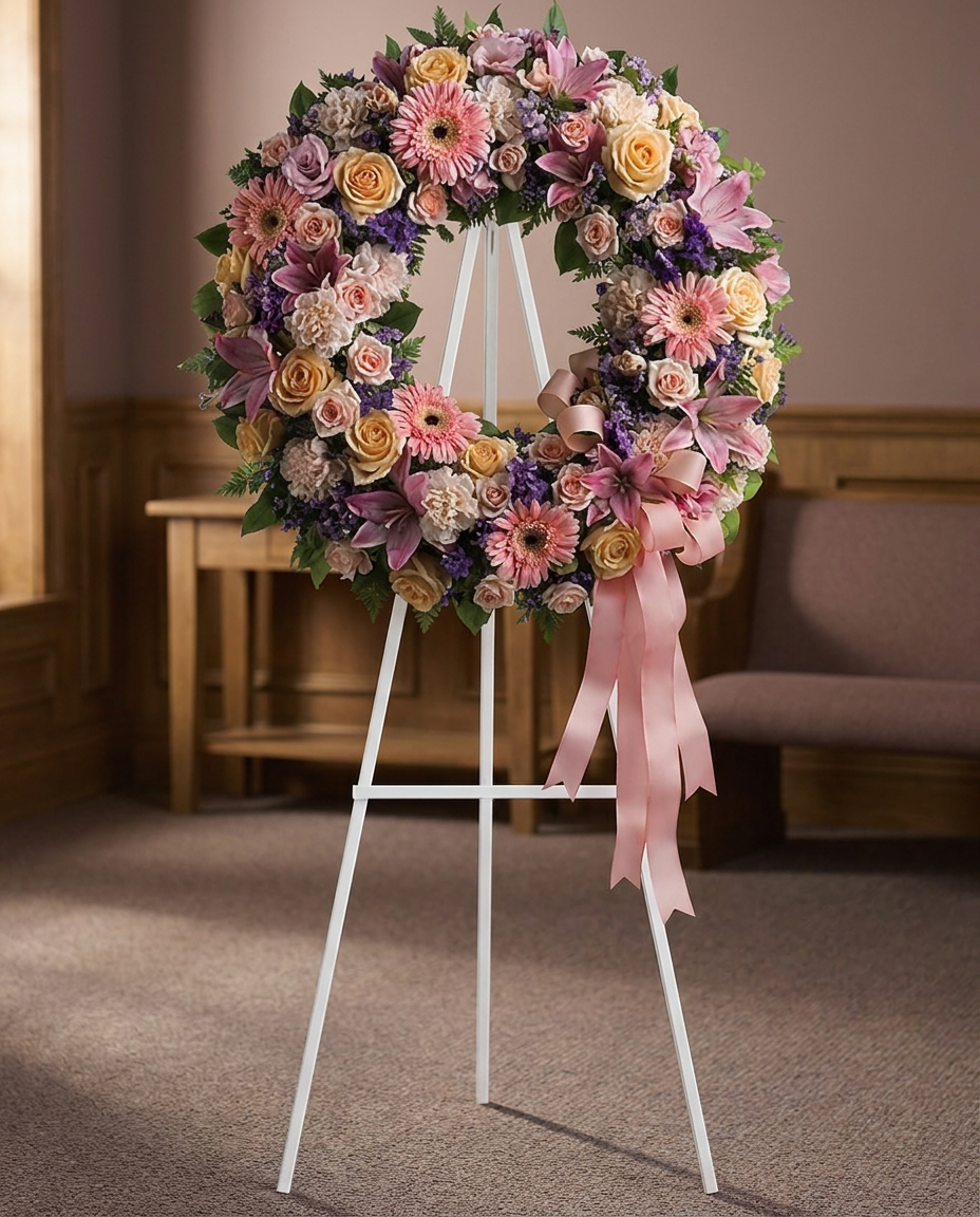 Easel-mounted wreath with peach roses, gerberas, carnations, pink lilies, lisianthus, purple limonium, lavender larkspur, and greenery.