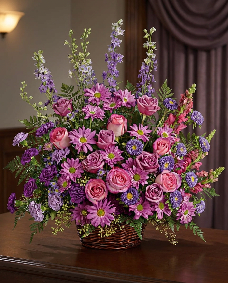 Round wicker basket filled with pink, purple and lavender roses, carnations, larkspur and asters.