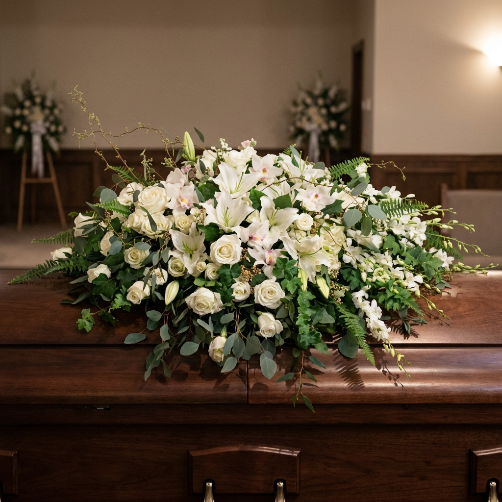 White casket spray with hydrangeas, orchids, roses, lilies, curly willow, ivy, eucalyptus, and ferns.