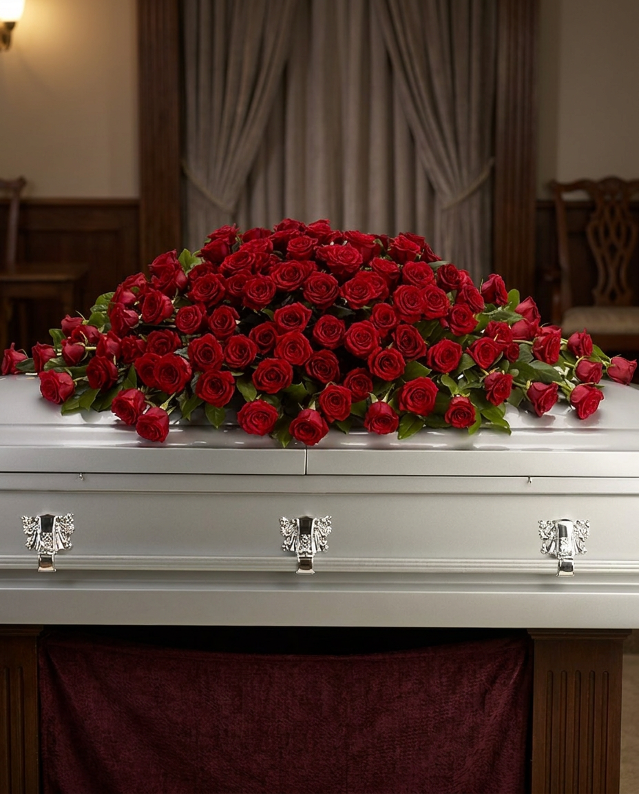 Full, one-sided casket spray featuring crimson roses in larger and smaller blooms.