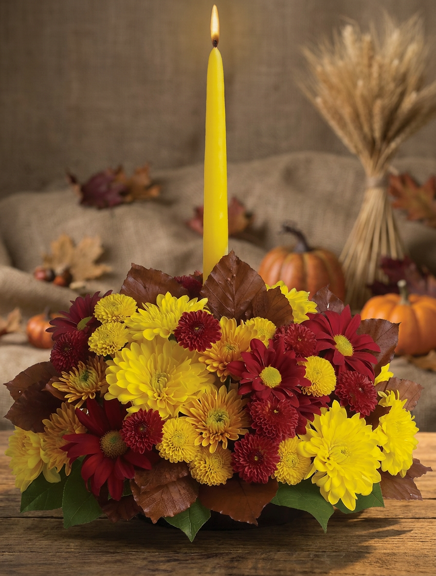 Autumn centerpiece with sunflowers, roses, and assorted greenery in a rustic keepsake container.