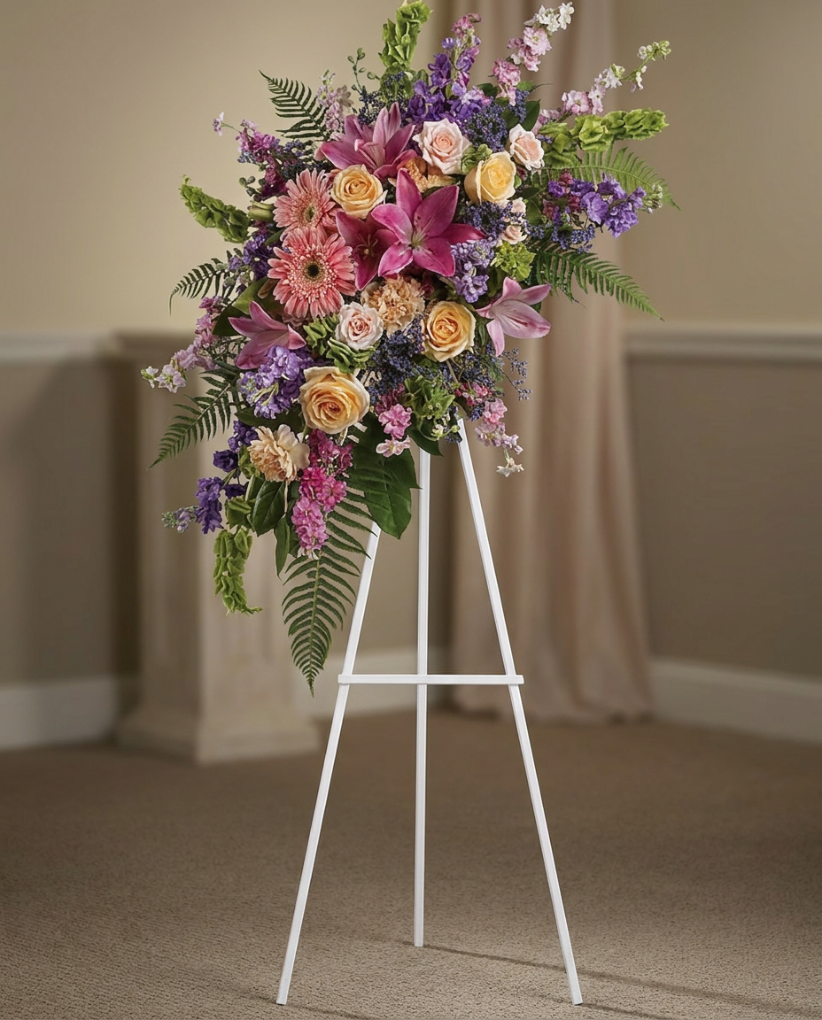 Standing easel spray with pink and peach roses, lilies, gerberas, carnations, purple flowers, and bells of Ireland.