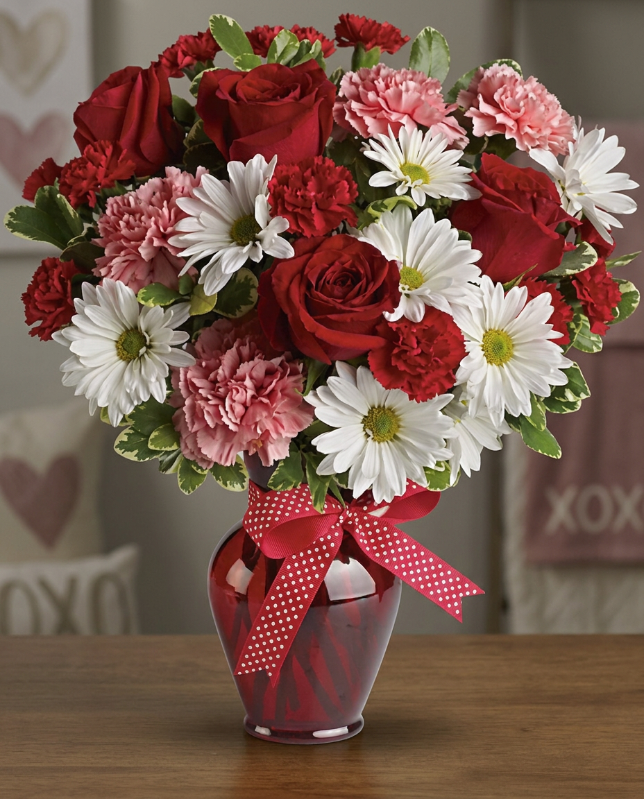 Red roses, pink carnations, red miniature carnations and white daisy chrysanthemums with greenery in a red vase.
