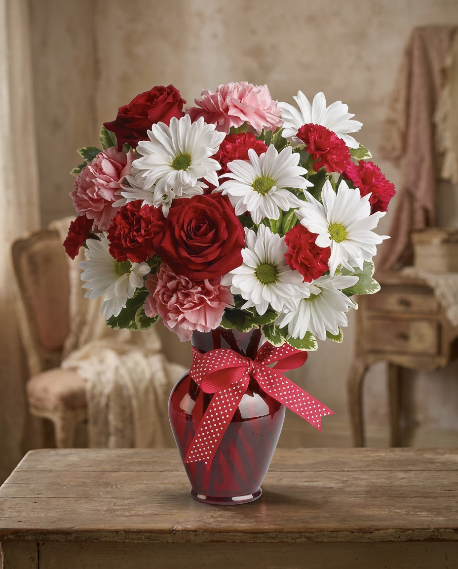 Red roses, pink carnations, red miniature carnations and white daisy chrysanthemums with greenery in a red vase.
