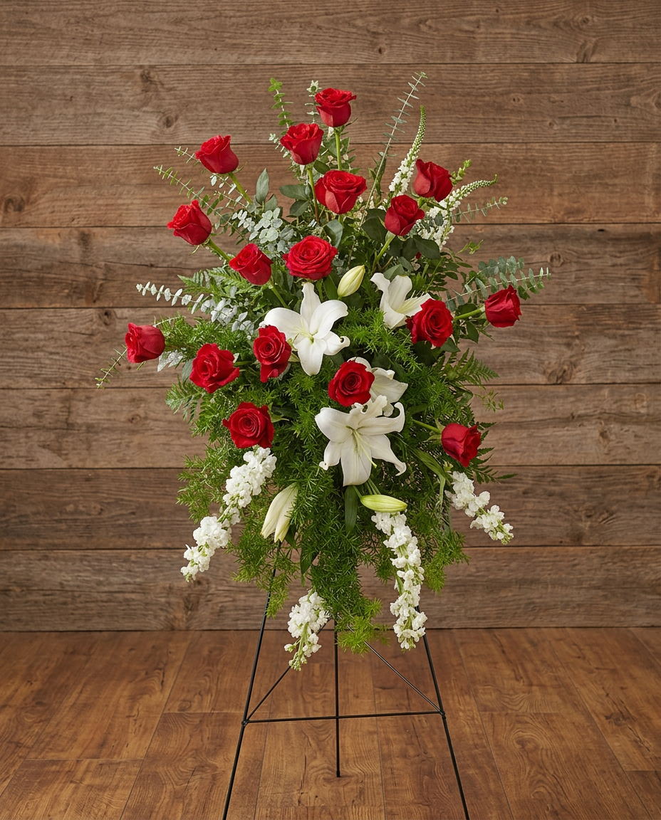 Red roses and white lilies with trailing blossoms on a standing easel against brown wood