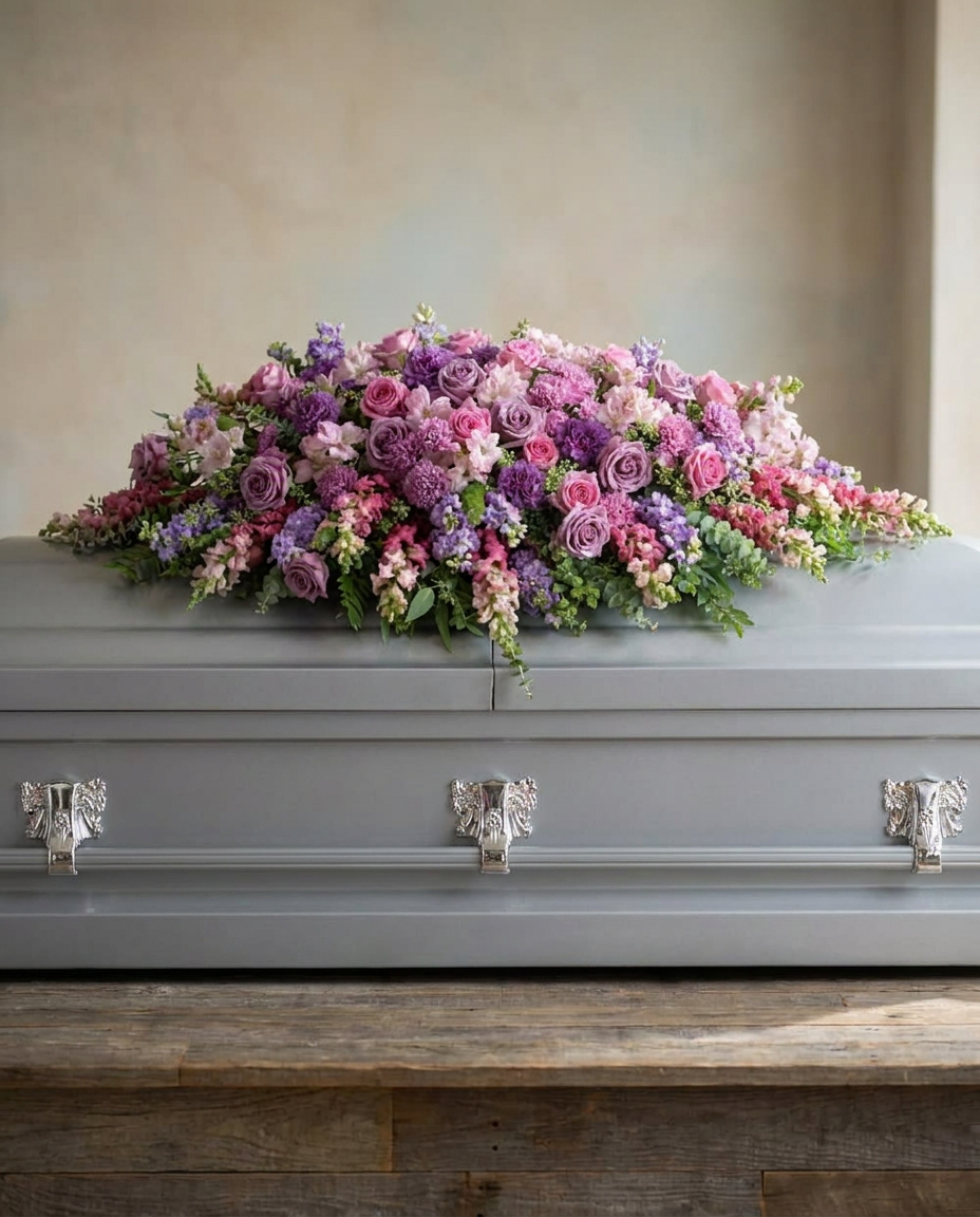 Lavender, pink and purple casket spray with roses, snapdragons, alstroemeria, chrysanthemums and leafy greenery.